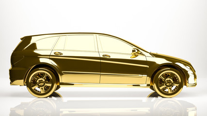 golden 3d rendering of a car inside a studio