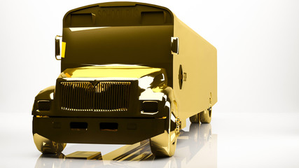 golden 3d rendering of a school bus inside a studio