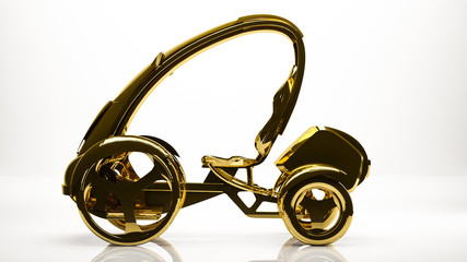golden 3d rendering of a simple car inside a studio