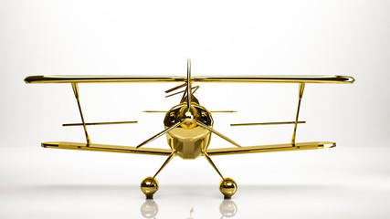 golden 3d rendering of a airplane inside a studio