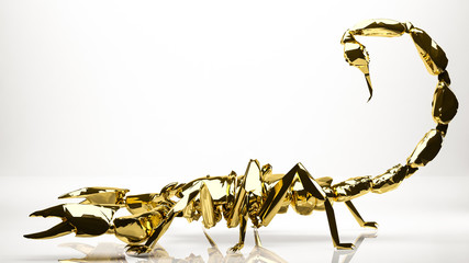 golden 3d rendering of a scorpion inside a studio