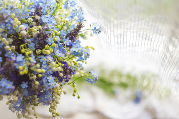  Abstract background with bright blue and white wild flowers in sunlight . Closeup and blurry photo with bokeh