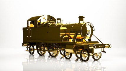 golden 3d rendering of a cargo train inside a studio