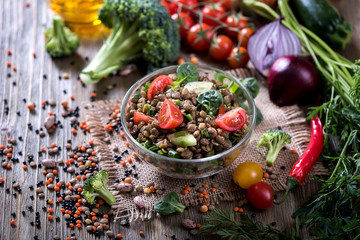 Lentil salad with veggies, healthy food, vegetarian and vegan snack, clean eating, diet