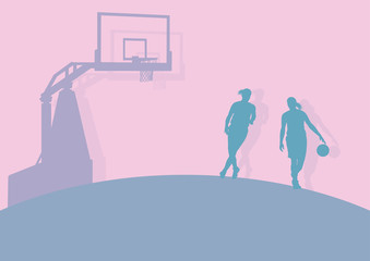 Basketball woman game in action with basketball hoop vector