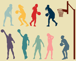 Basketball woman game in action with basketball hoop vector
