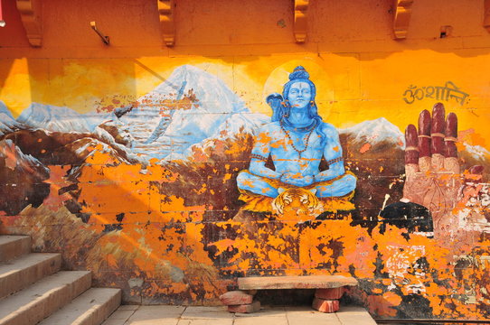  Dasashvamedha Ghat Varanasi, India, An old crumbling mural on the holiest Ghat to the Ganges river.