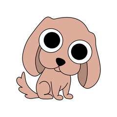 Baby animal. Childish cartoon style funny and cute surprised sitting little brown dog with big eyes isolated on white background. Curious puppy. Colorful illustration with thin black outline.