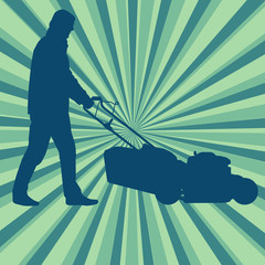 Man with lawn mover cutting grass vector background for poster