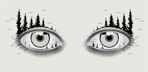 Two eyes that are condensed in the nature landscape, dark illustration
