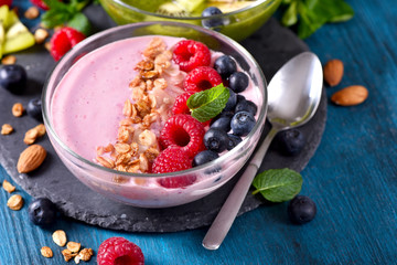 Smoothie bowl,  smoothie with berries, healthy breakfast, vegan vitamin snack