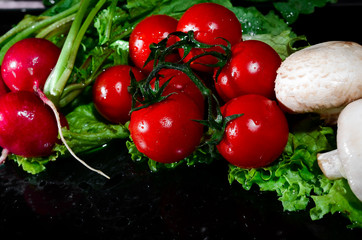 Still life with fresh vegetables, mushrooms and cabbage leaves with drops of water on a black background.