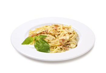 pasta with ham and mushrooms Isolated on white background
