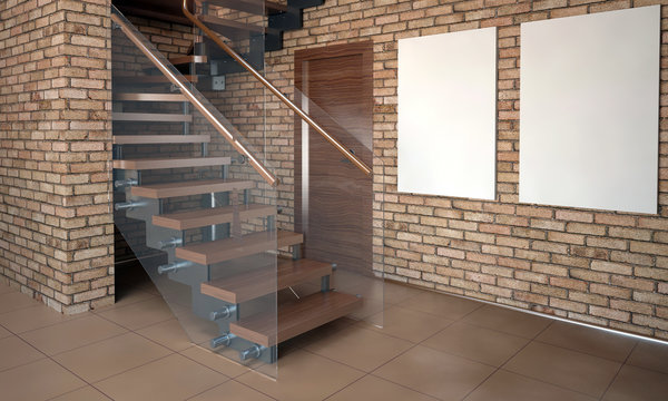 Mock up wall in interior with stairs. living room hipster style. 3d illustration