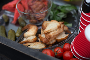 Street food market, grilled barbecue meat, picnic