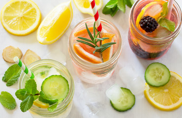 Refreshing summer drinks with blackberries, grapefruit, lemon and mint, water sassi. The concept of healthy and dietary nutrition.