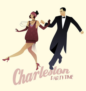 Elegant couple wearing 20's style clothes dancing charleston. Vector Illustration