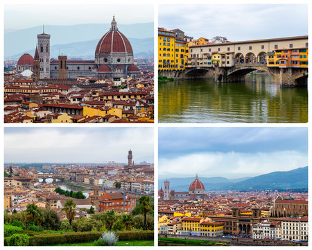 Collage of Florence photos in Italy (Ponte Vecchio, Florence Cathedral, Duomo, Bell Tower)