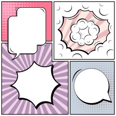 Abstract creative concept vector comic pop art style blank, layout template with clouds beams and isolated dots background. For sale banner, empty speech bubble set, illustration halftone book design.