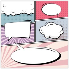 Abstract creative concept vector comic pop art style blank, layout template with clouds beams and isolated dots background. For sale banner, empty speech bubble set, illustration halftone book design.
