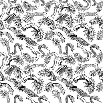 Dragon heads. Hand drawn seamless pattern. Coloring book. Vector illustration.