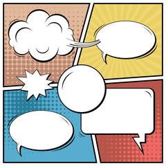 Abstract creative concept vector comic pop art style blank, layout template with clouds beams and isolated dots background. For sale banner, empty speech bubble set, illustration halftone book design.