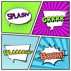Abstract creative concept vector comic pop art style blank, layout template with clouds beams and isolated dots background. For sale banner, empty speech bubble set, illustration halftone book design.