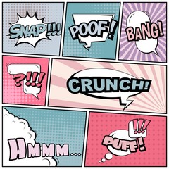 Abstract creative concept vector comic pop art style blank, layout template with clouds beams and isolated dots background. For sale banner, empty speech bubble set, illustration halftone book design.