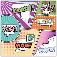 Abstract creative concept vector comic pop art style blank, layout template with clouds beams and isolated dots background. For sale banner, empty speech bubble set, illustration halftone book design.