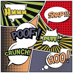 Abstract creative concept vector comic pop art style blank, layout template with clouds beams and isolated dots background. For sale banner, empty speech bubble set, illustration halftone book design.