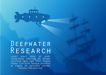 Blurred underwater background with blue submarine silhouette and old sunken ship. Vector illustration.