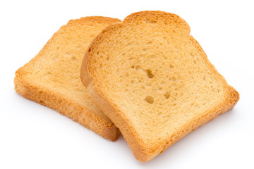 Slices of toast bread on wooden table, top view.