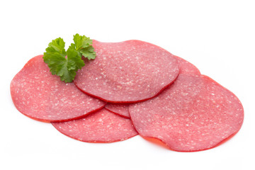 Salami smoked sausage one slice isolated on white background cutout.