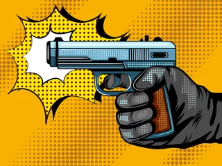 Selbstklebende Fototapete Pop Art Pistole schießen Pop-Art-Vektor-Illustration