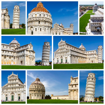 Collage of Pisa photos in Italy (Leaning Tower of Pisa, Piazza dei Miracoli, Pisa Cathedral)