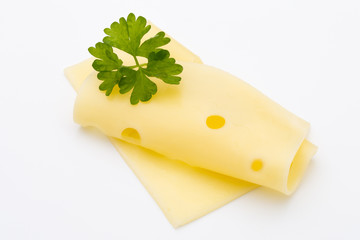 Cheese slices on white background cutout.