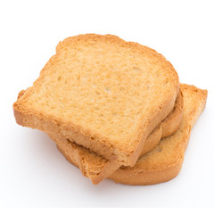Slices of toast bread on wooden table, top view.