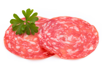 Salami smoked sausage slices isolated on white background cutout.