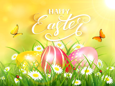 Yellow background with three Easter eggs in grass