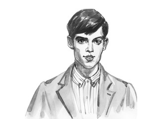 Painting portrait of young man in shirt and jacket. Hand drawn boy face in vintage style. Watercolor fashion black and white illustration on white background