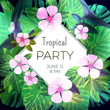 Customizable vector floral design template for summer party. Bright green ropical flyer with pink exotic flowers and palm leaves.
