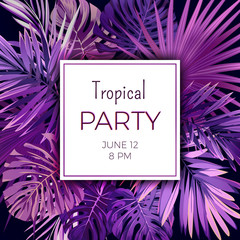 Obraz premium Purple neon vector floral flyer template for summer night party. Tropical background with exotic palm leaves and plants.
