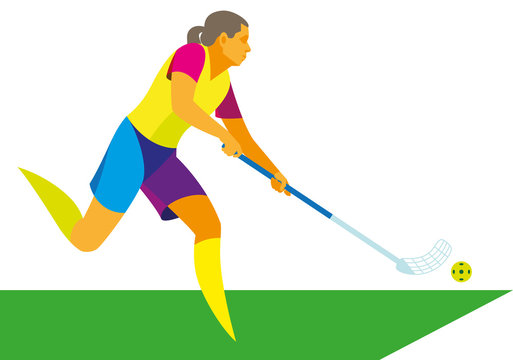 Young woman playing hockey in the hall in floorball