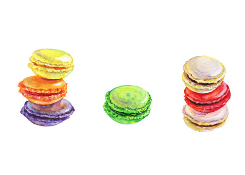 Hand drawn macaroon set. Watercolor isolated cake on white background. Painting sweet dessert french food illustration