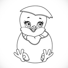 Cute little cartoon chick hatched from an egg outlined isolated on a white background