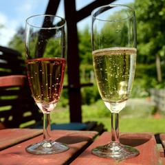 two champagne glasses on a red table, in a park