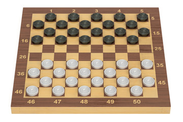 International checkers game board and pieces, 3D rendering