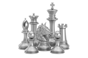 Fototapeta na wymiar Silver chess figures, 3D rendering