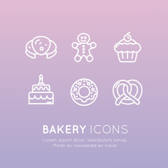 Vector Icon Style Illustration Logo Set of Bakery Sweet Shop Production, Custom Cakes, Bread Factory, Pretzel and Waffle, Donut, Cookie, Isolated Minimalistic Object