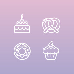 Vector Icon Style Illustration Logo Set of Bakery Sweet Shop Production, Custom Cakes, Bread Factory, Pretzel and Waffle, Donut, Cookie, Isolated Minimalistic Object